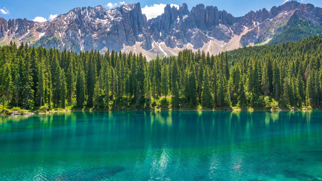Wallpaper Karersee Lake, Landscape, Mountains, Dolomites, Italy, 4K