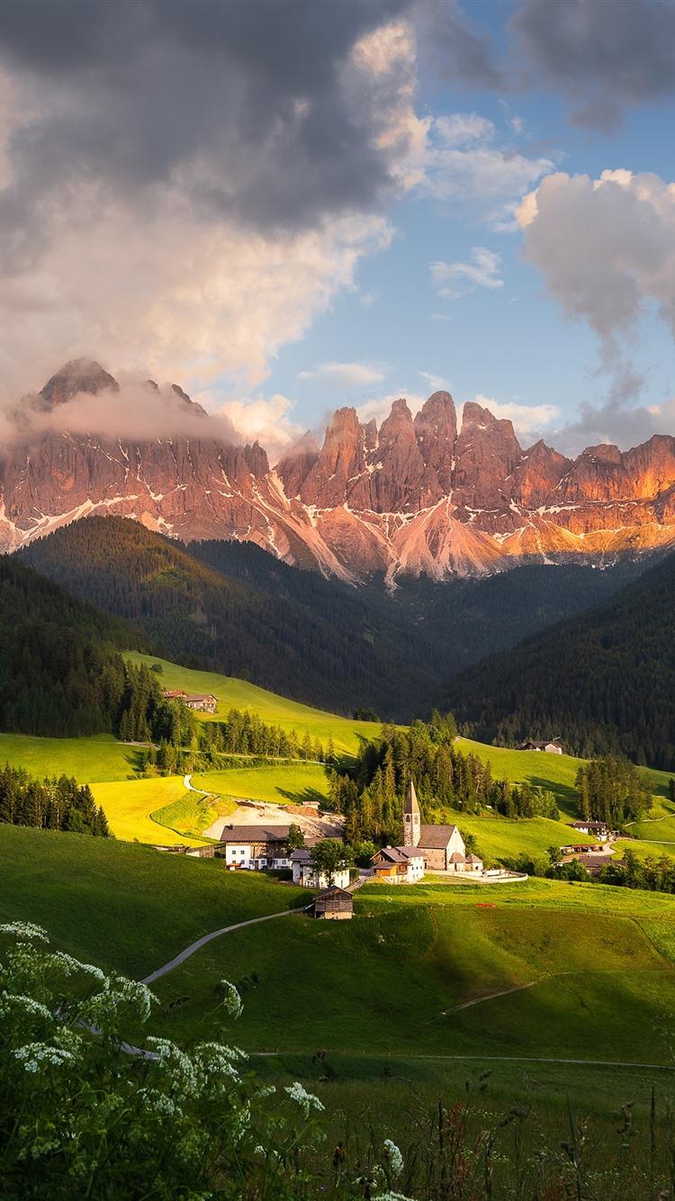 Wallpaper Dolomites, mountains, village, clouds, Italy 2880x1800