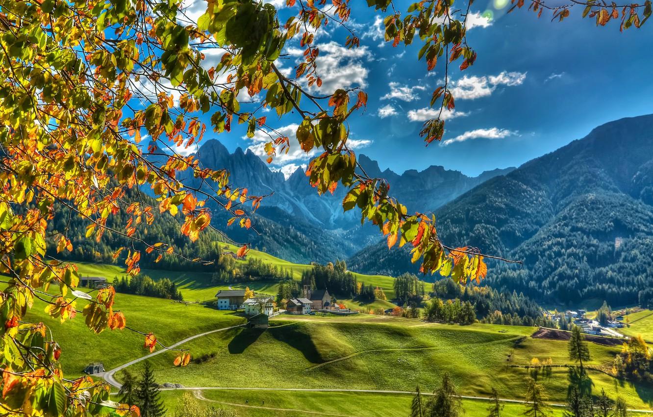Wallpaper autumn, mountains, branches, valley, village, Italy