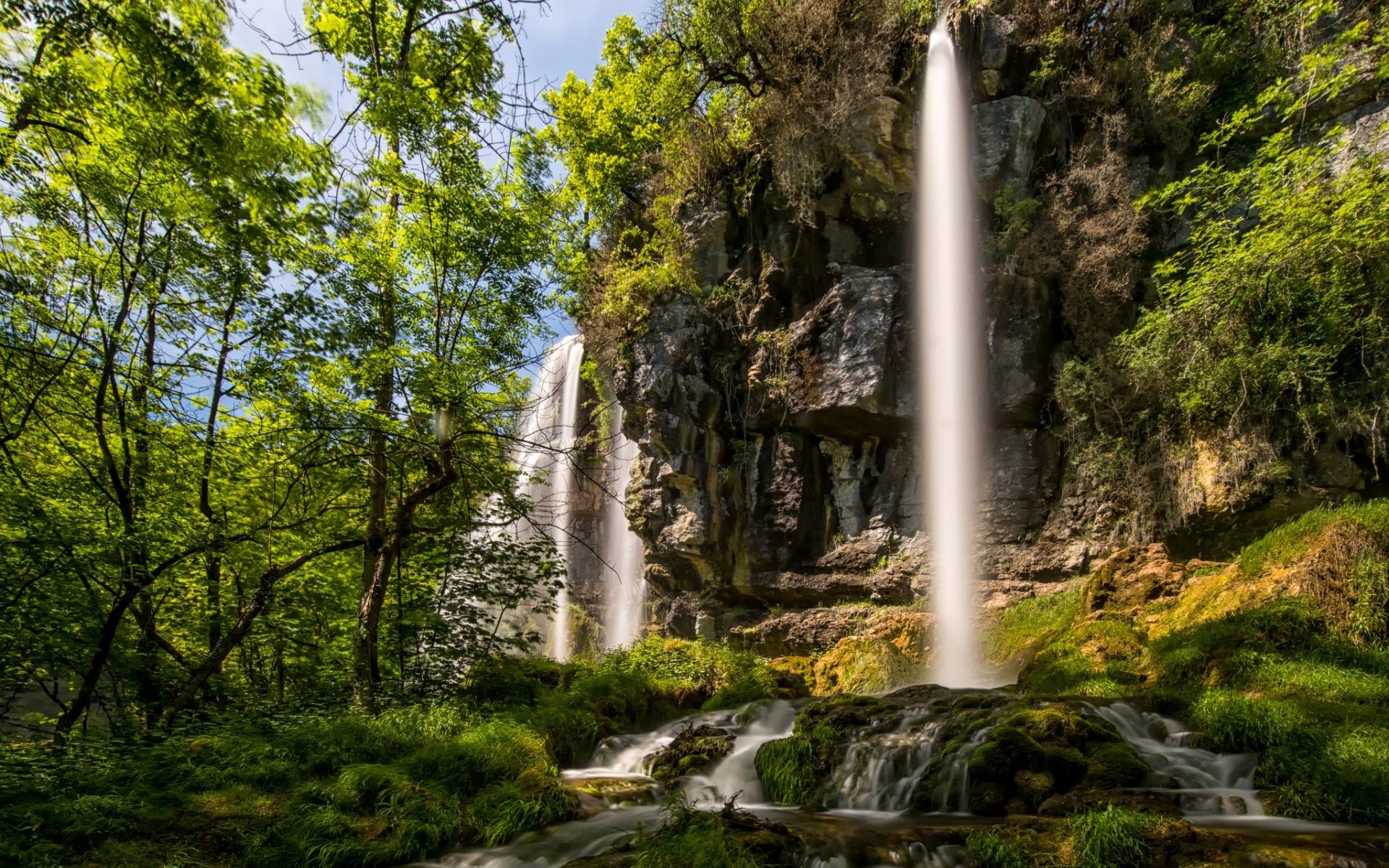 Download wallpaper waterfall, rock, falling water, summer, forest