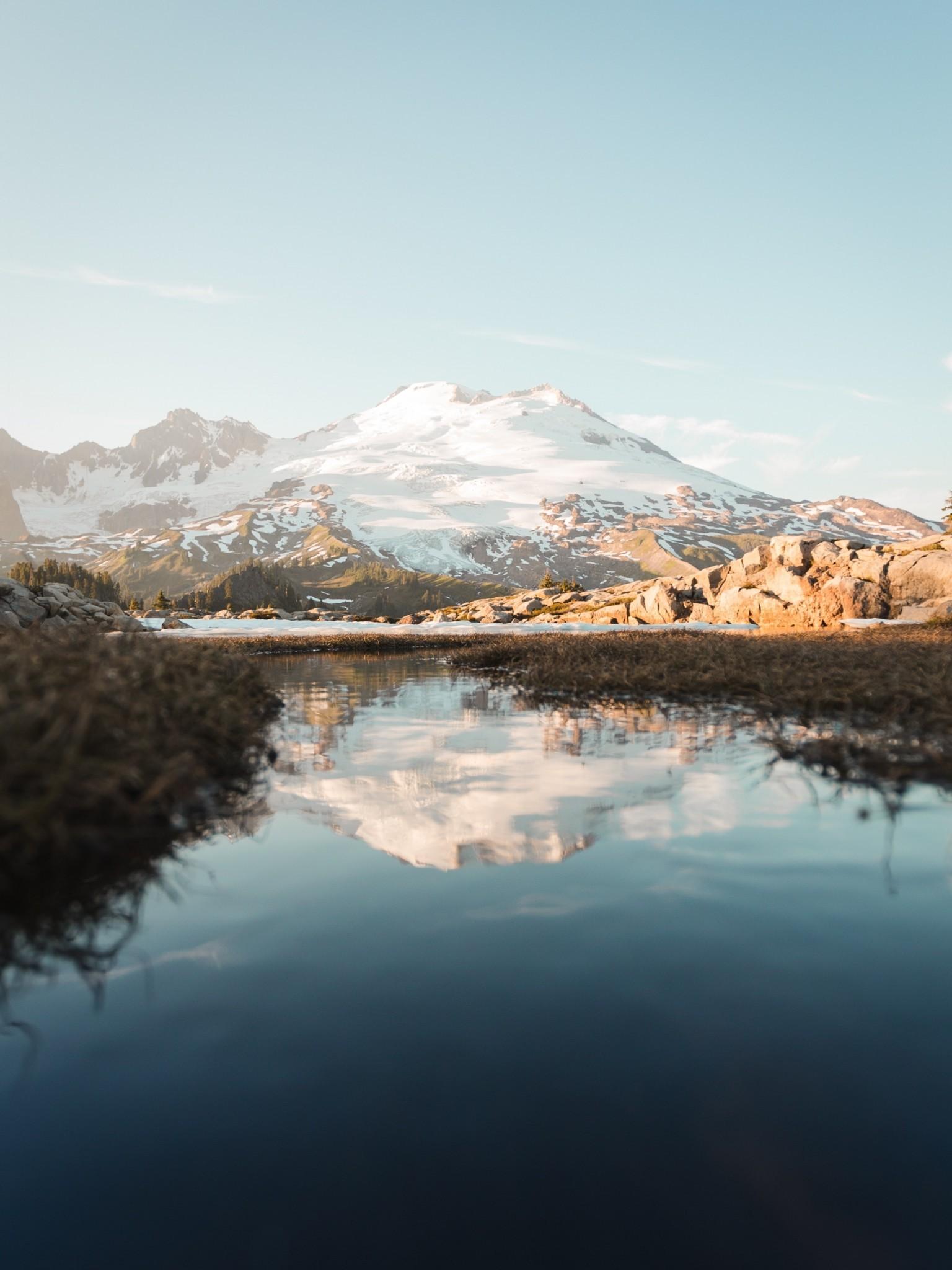 Download 1536x2048 Stream, Reflection, Mountains, Snow, Winter