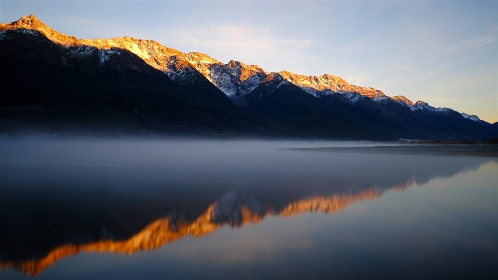 Wallpaper Mountains, lake, morning, fog, water reflection 1920x1080