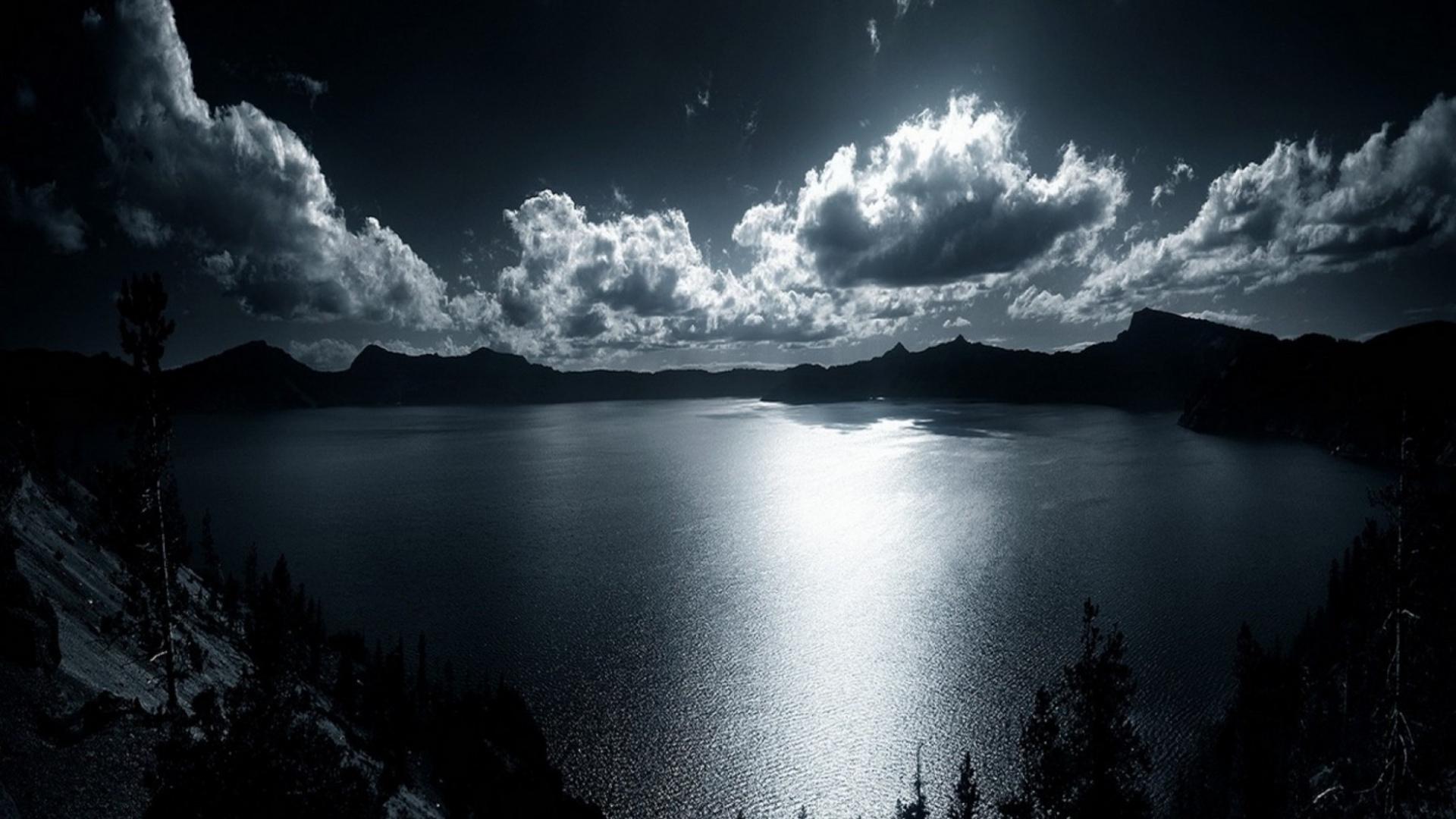 sky, Clouds, Night, Moonlight, Moon, Glow, Silhouette, Lakes