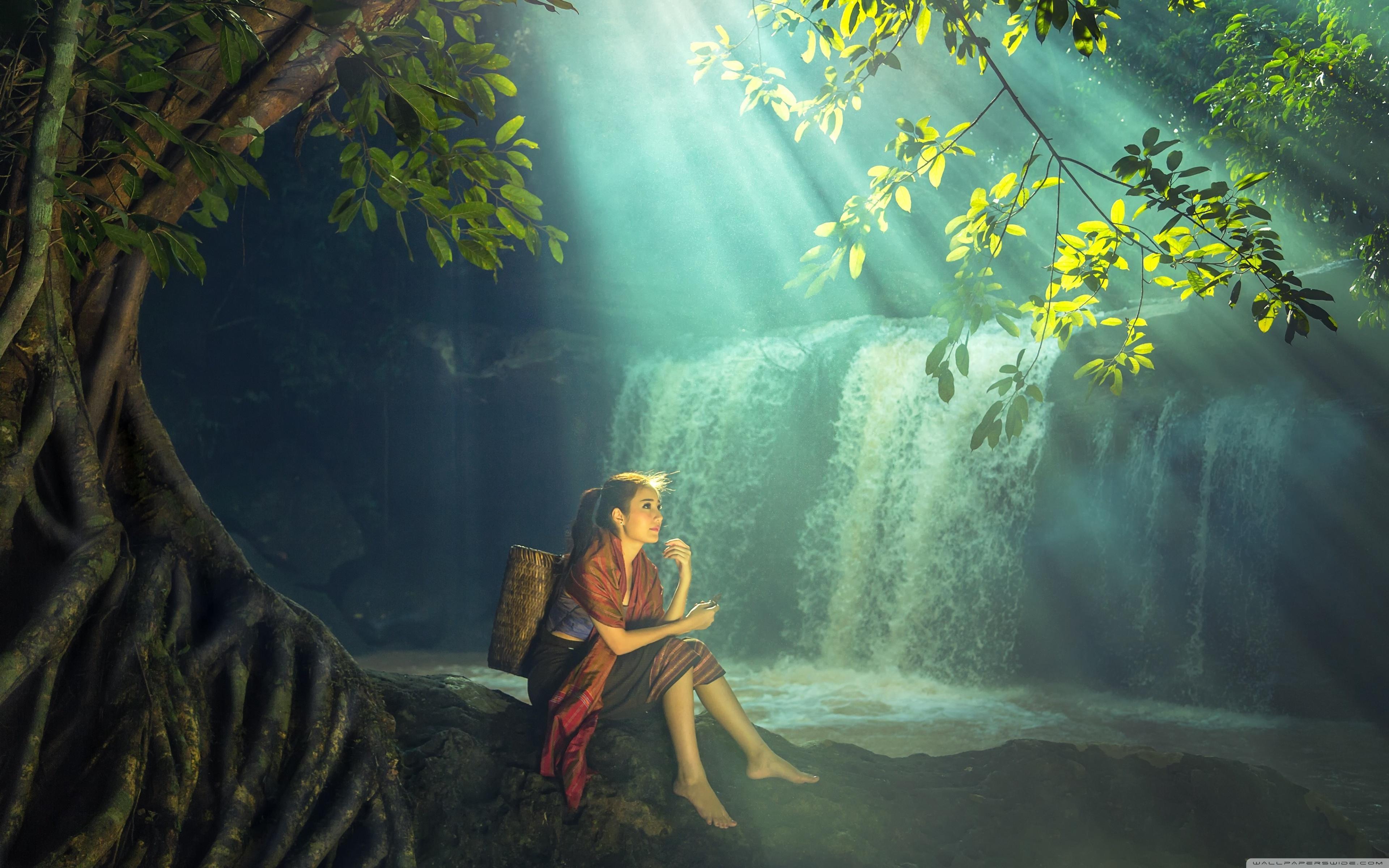 Beautiful Asian Girl, Rainforest, Waterfall ❤ 4K HD Desktop