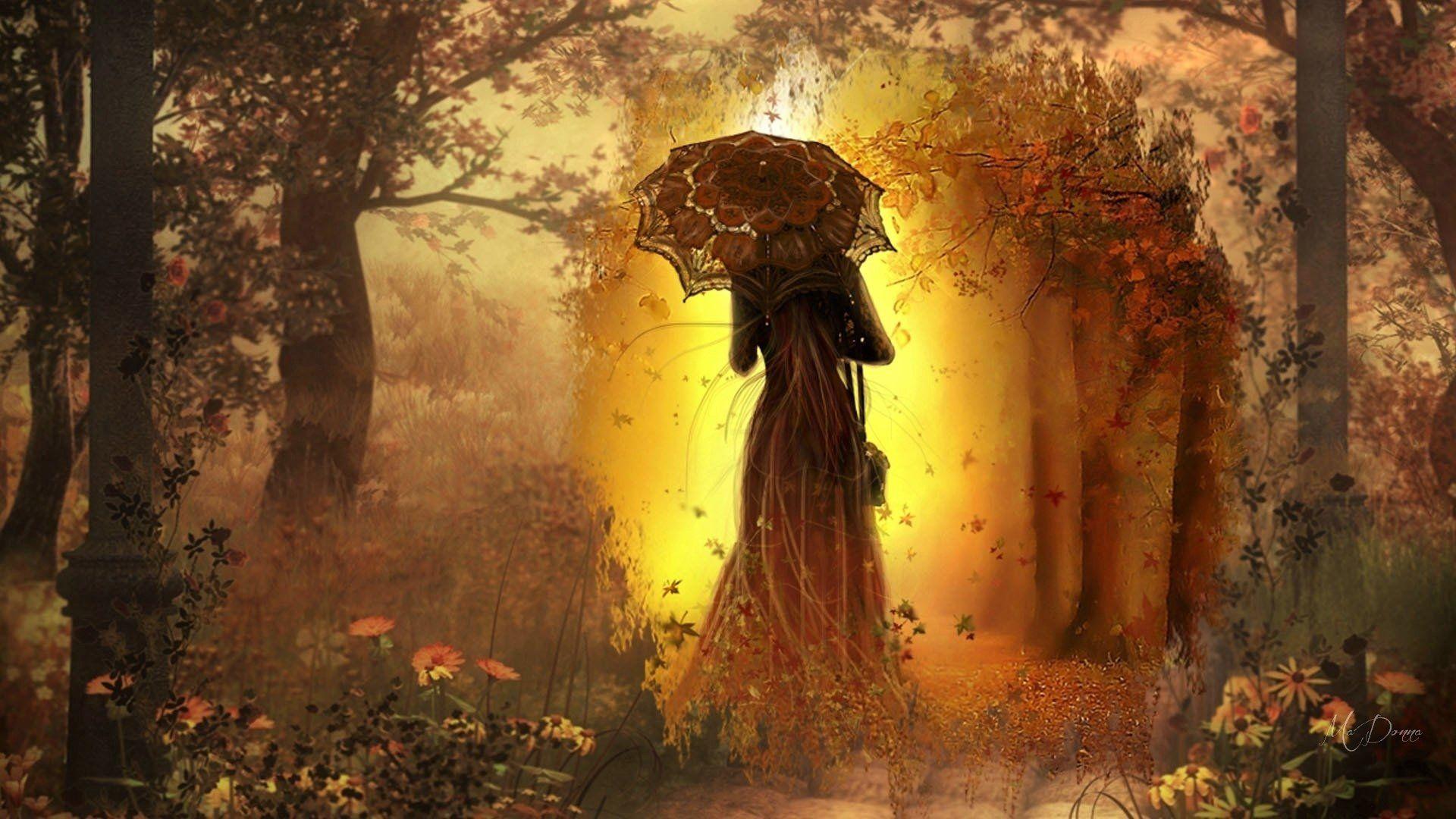 Fantasy Women Fantasy Woman Girl Gothic Umbrella Forest Fall