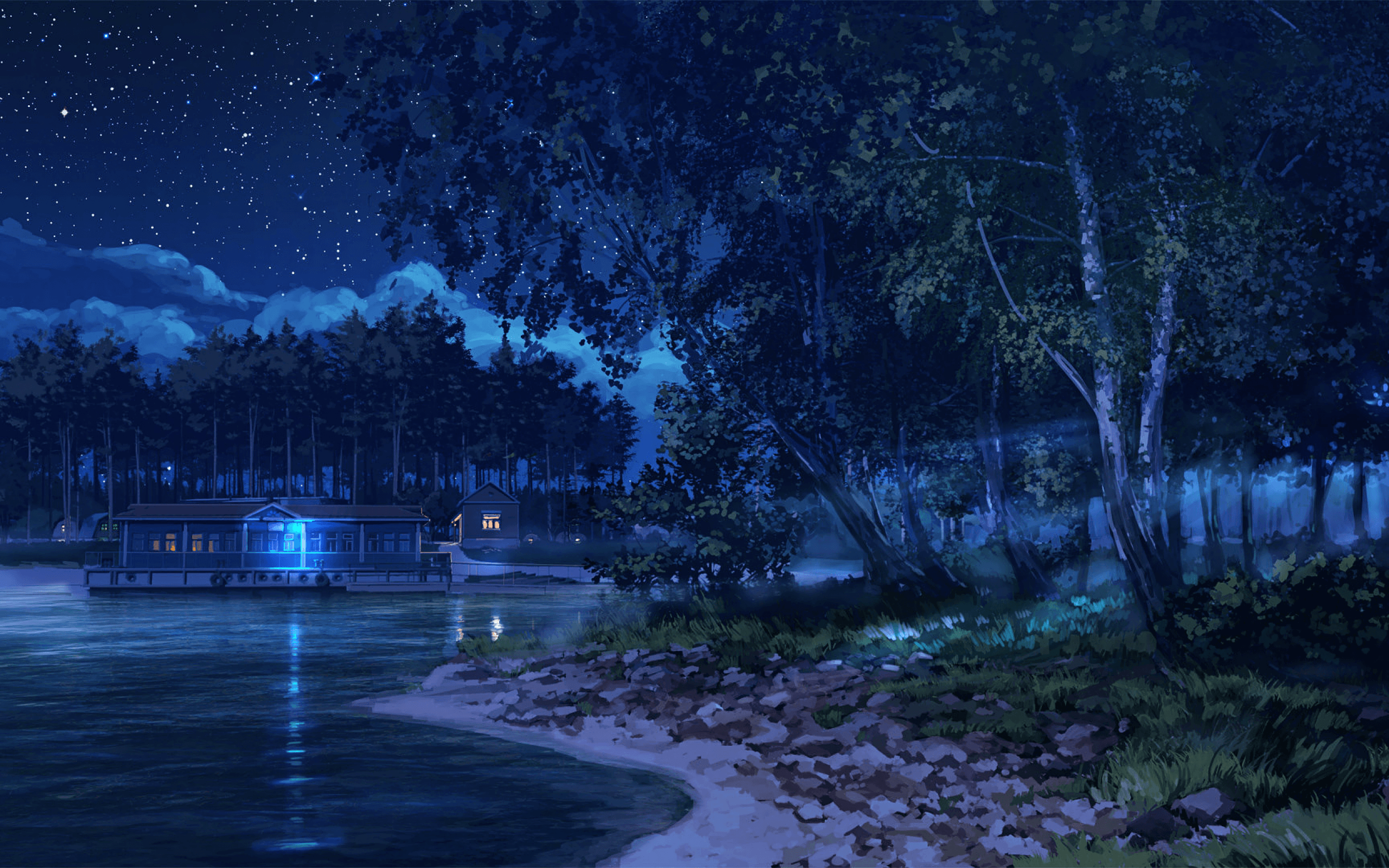 Download 2560x1600 Anime Landscape, Lake, Night, Light, Trees, Stars