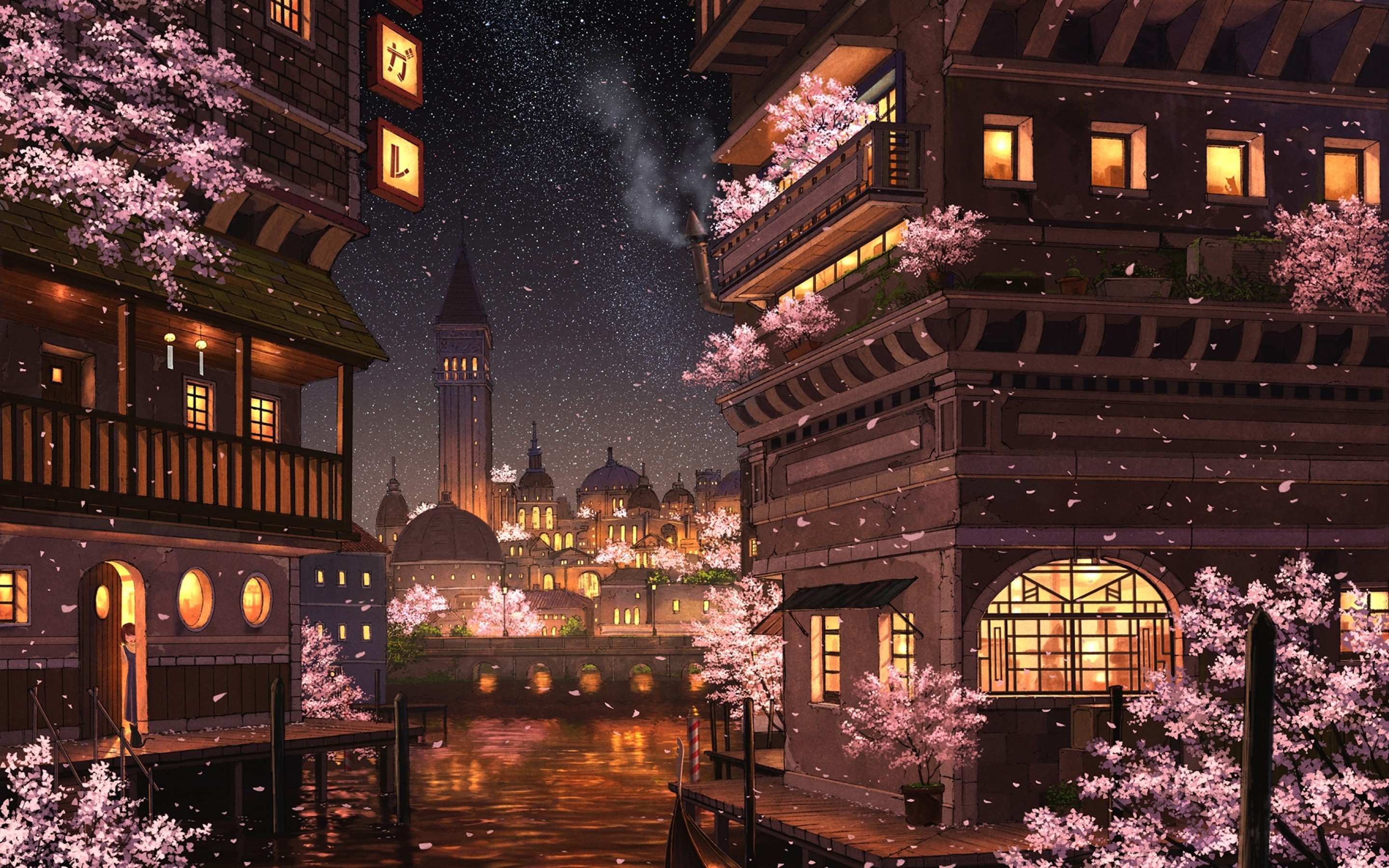 Download 2880x1800 Anime City, Sakura Blossom, Night, Buildings