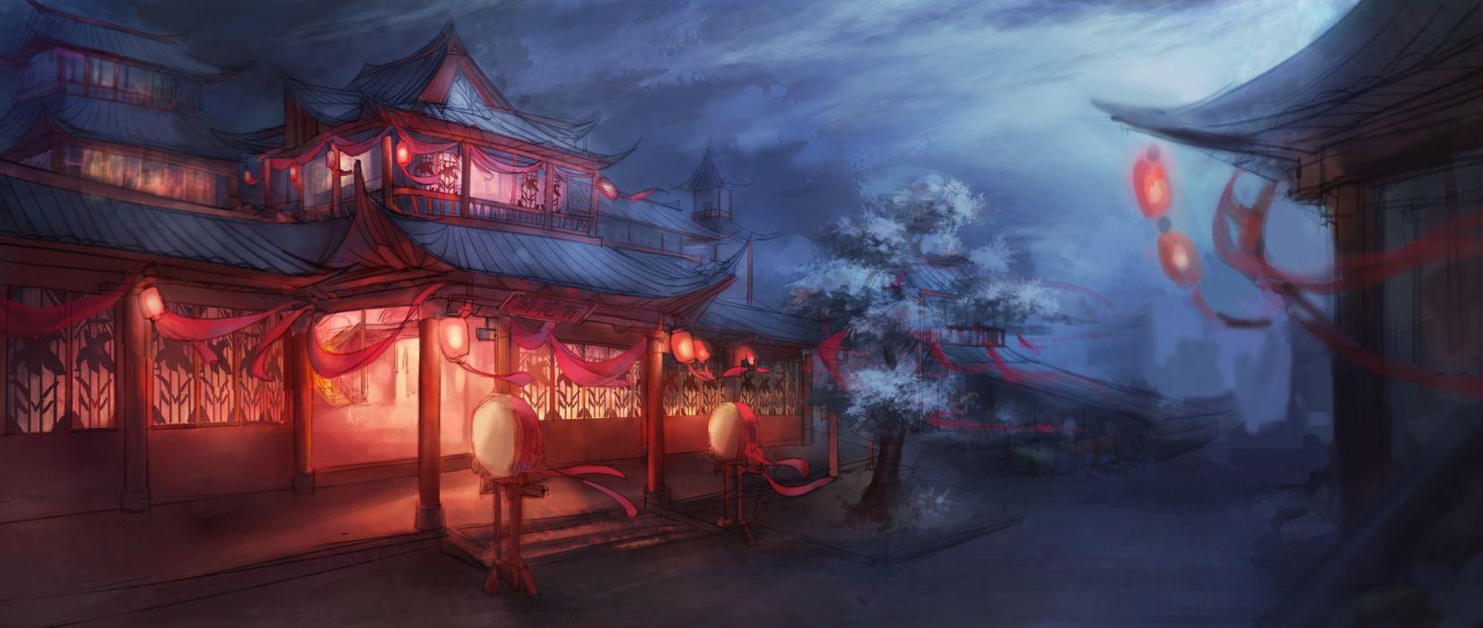 Sakura fantasy art house night wallpaperx2000