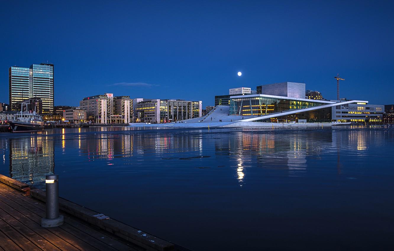 Wallpaper night, lights, home, Norway, harbour, Oslo, Opera house