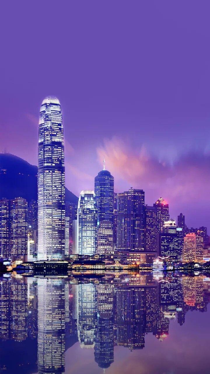 Victoria Harbour, Hong Kong. Landscape. Night city, City lights