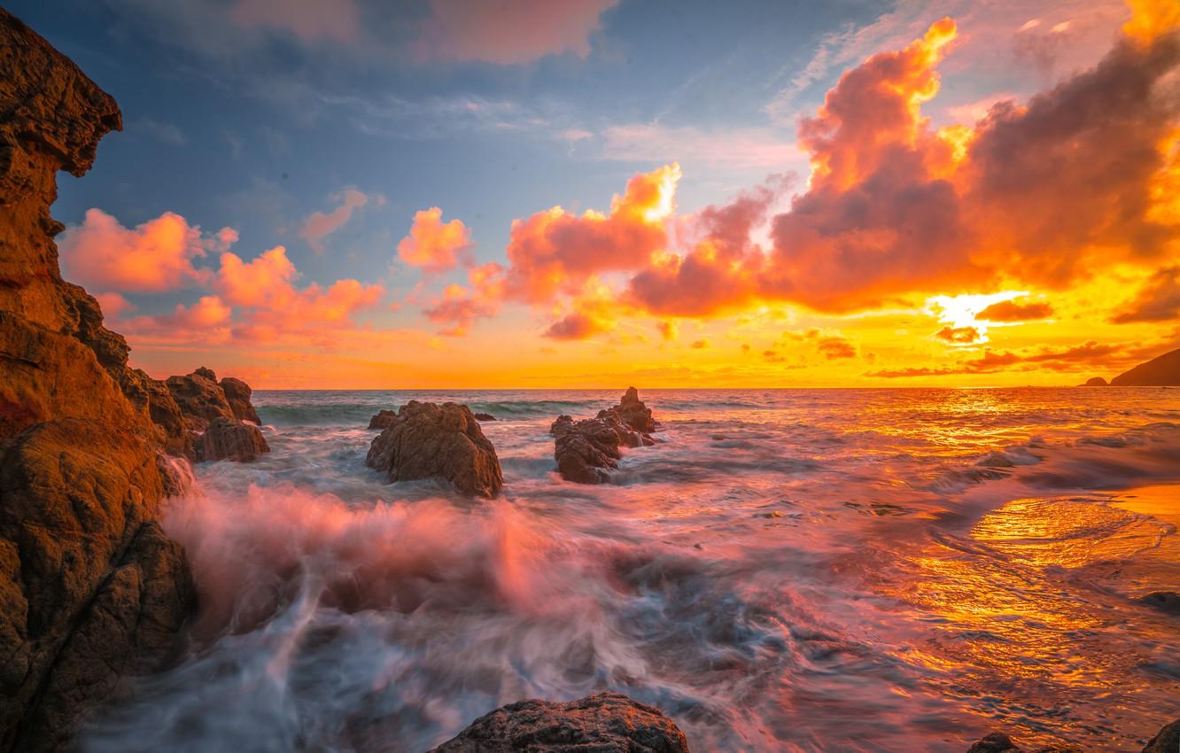 Wallpaper sunset, the ocean, rocks, CA, Pacific Ocean, California, The Pacific ocean, Malibu, Malibu Beach image for desktop, section пейзажи