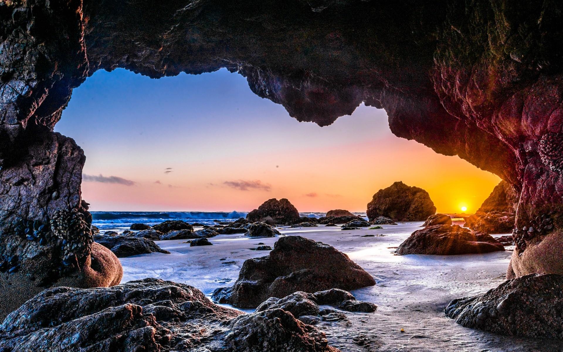 Sunsets: Sunset Malibu Beach Seacave Cave High Quality Wallpaper