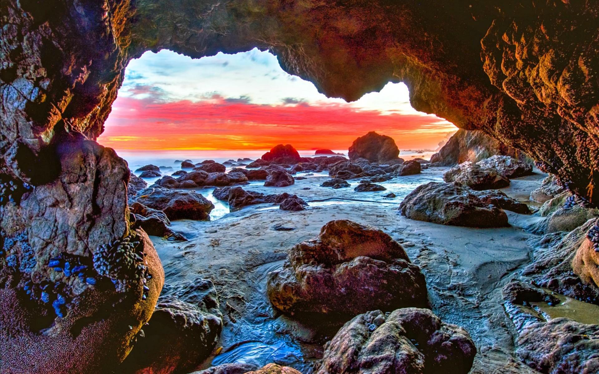 Beaches: Usa California Malibu Sea Cave Sunset Beach Wallpaper