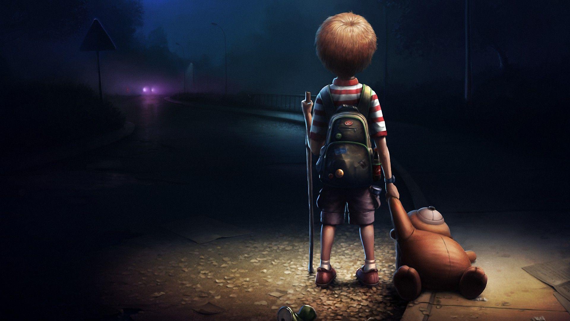 Cartoon Boy Alone In Dark Wallpaper HD 1080p For Desktop