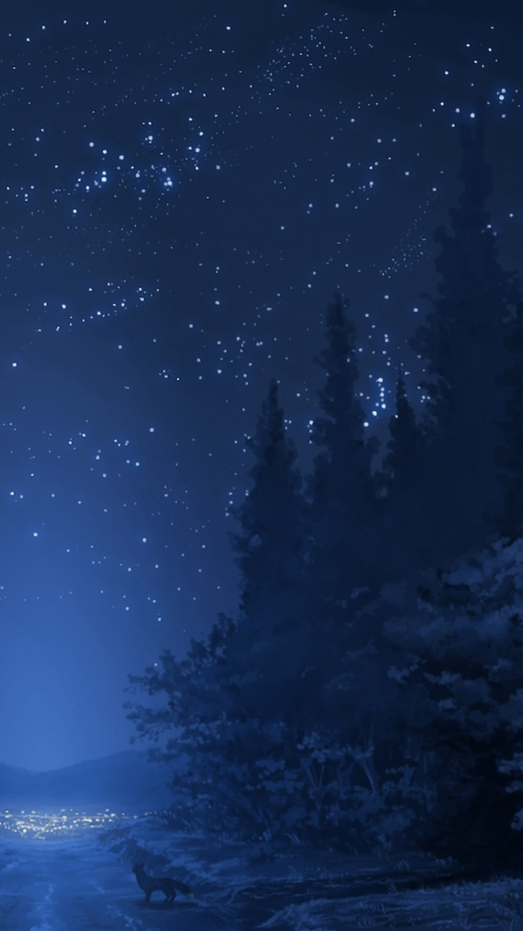 Download 750x1334 Anime Landscape, Forest, Night, Stars, Wolf
