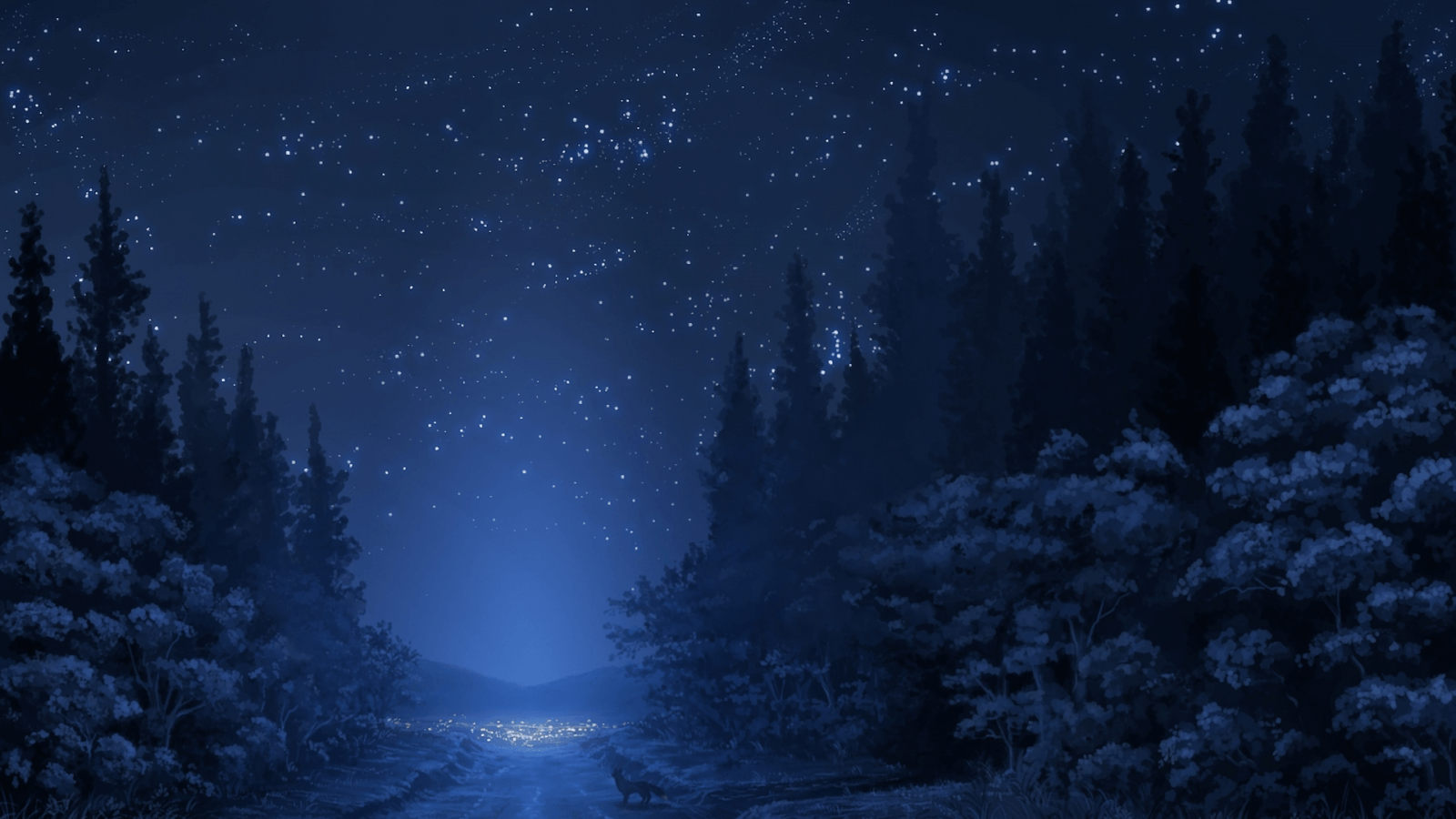 Download 1600x900 Anime Landscape, Forest, Night, Stars, Wolf