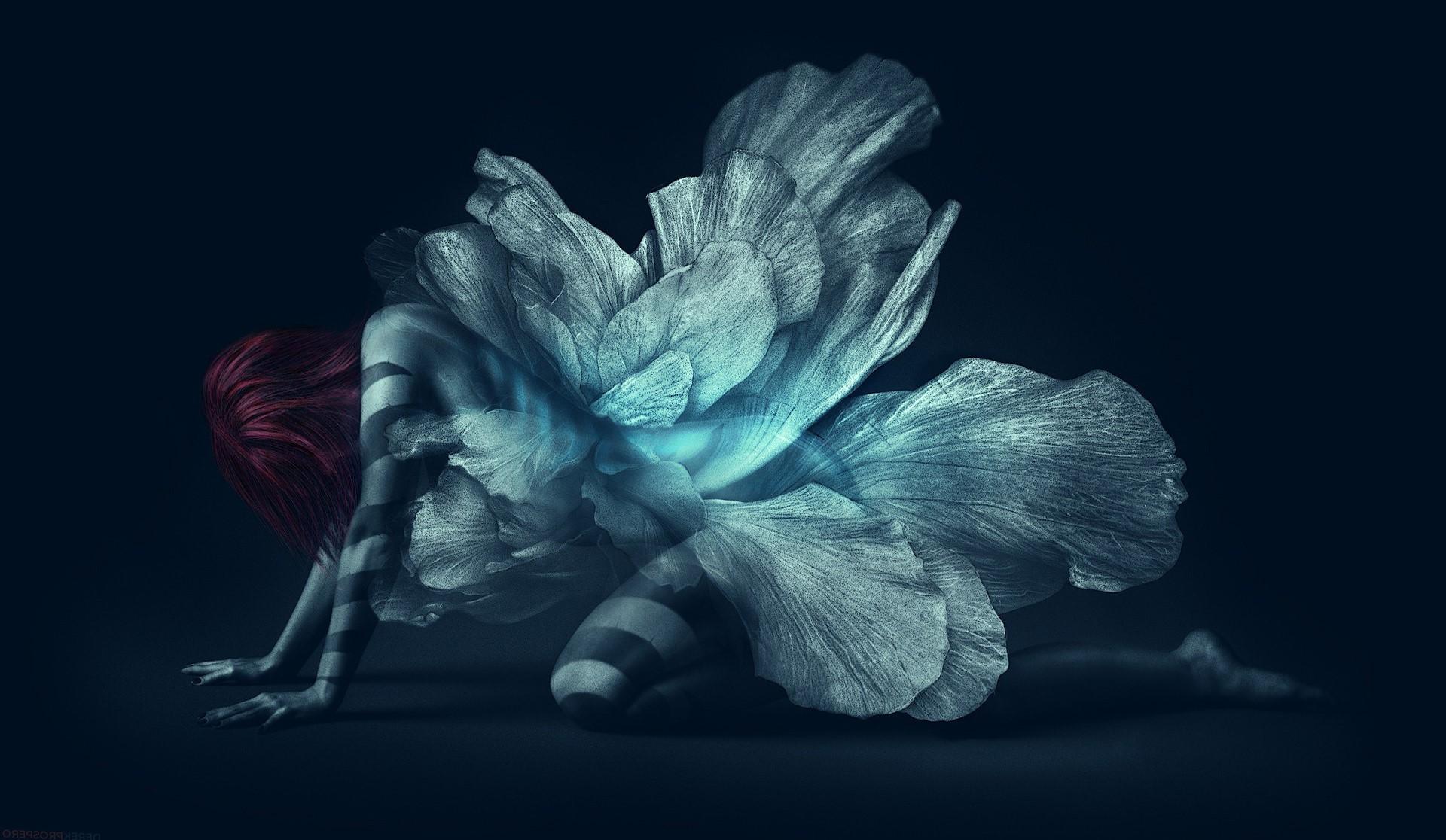 red hair blue wings fairies fantasy art artwork flower