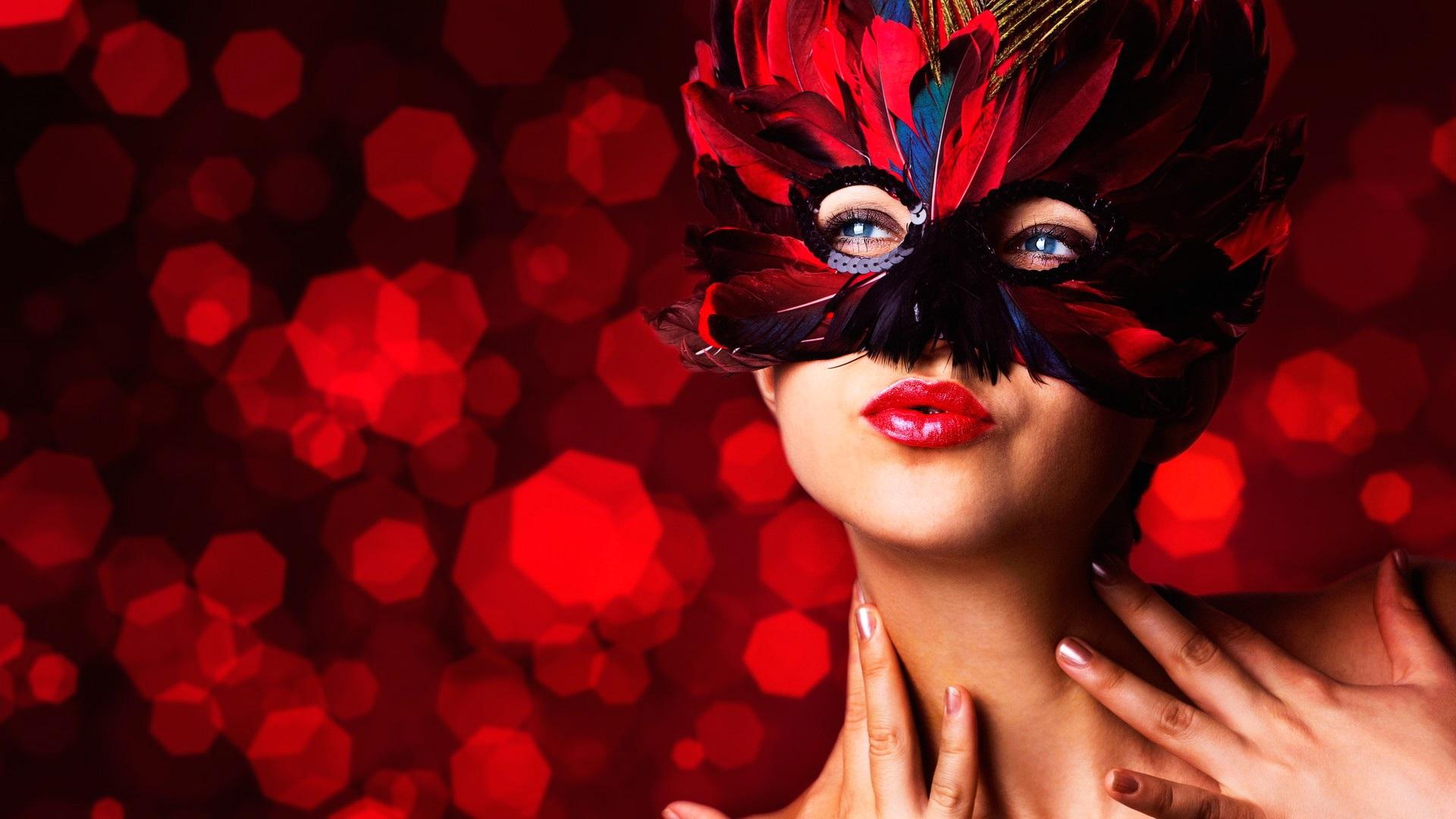 Wallpaper Masquerade, Mask, Feathers, Make Up Girl, Red Lip
