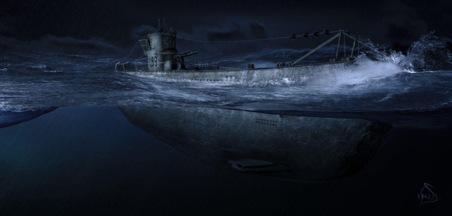 Ocean night submarine art military wallpaperx2295