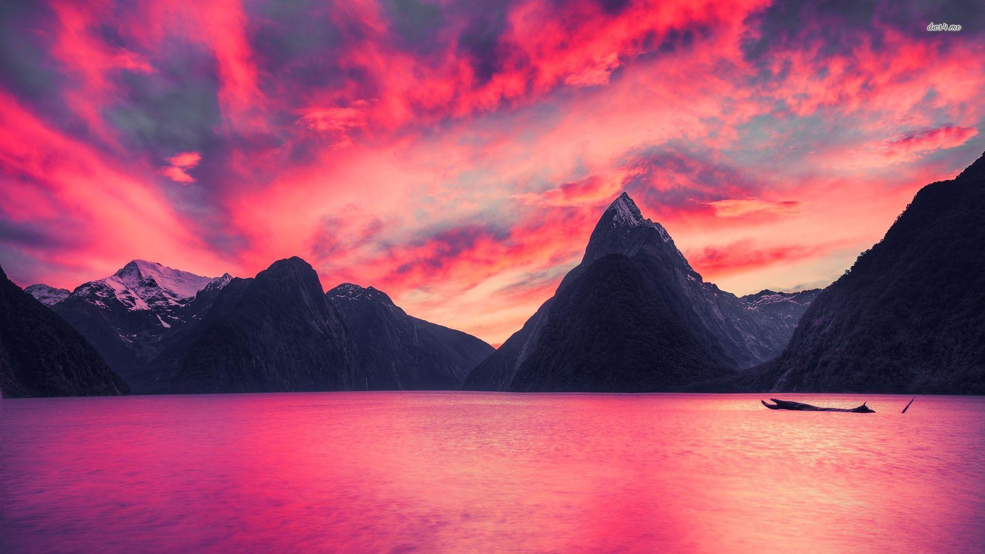 Purple light at New Zealand mountain lake wallpaper