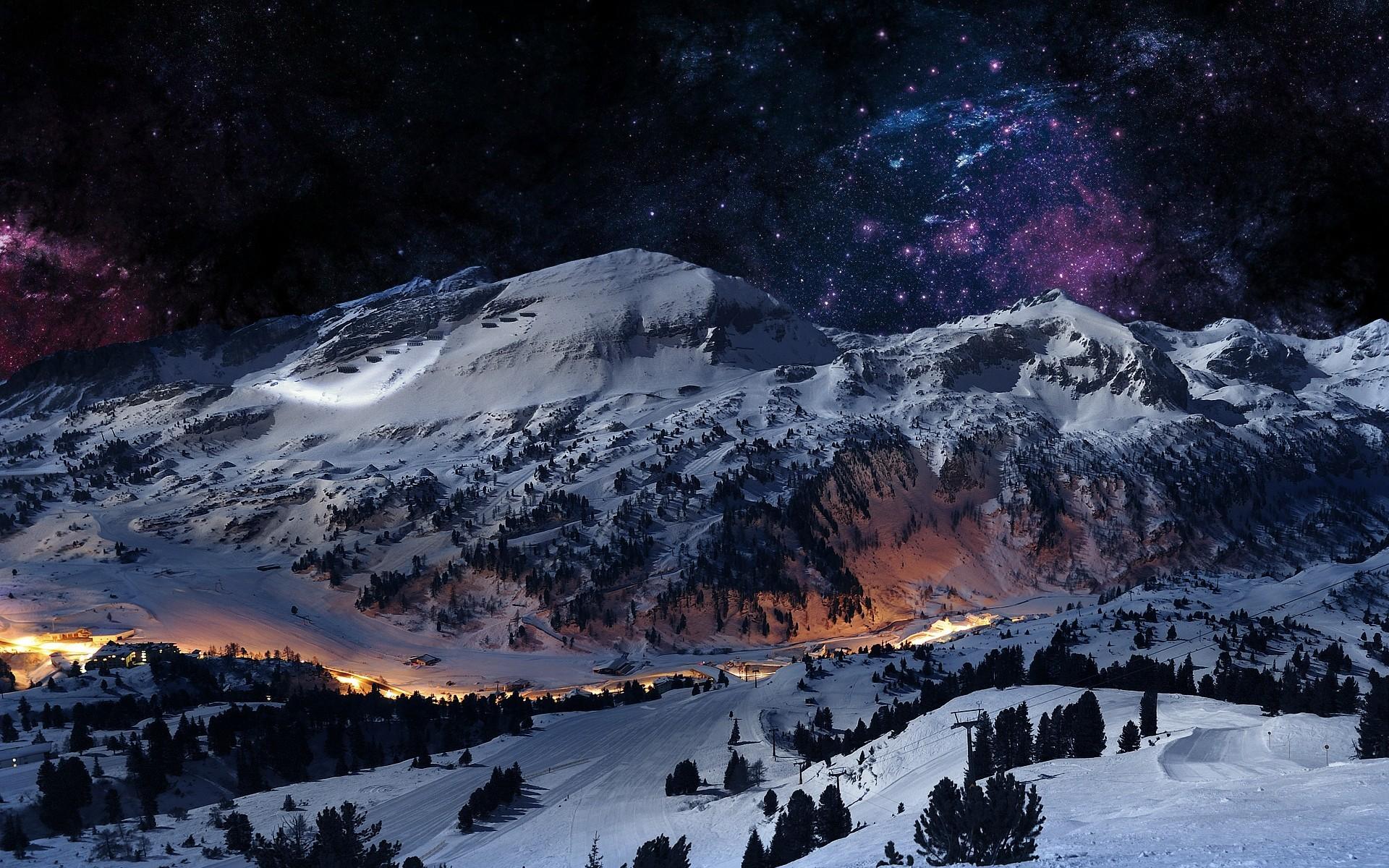 mountain, space, stars, galaxy, purple, blue, snow, valley