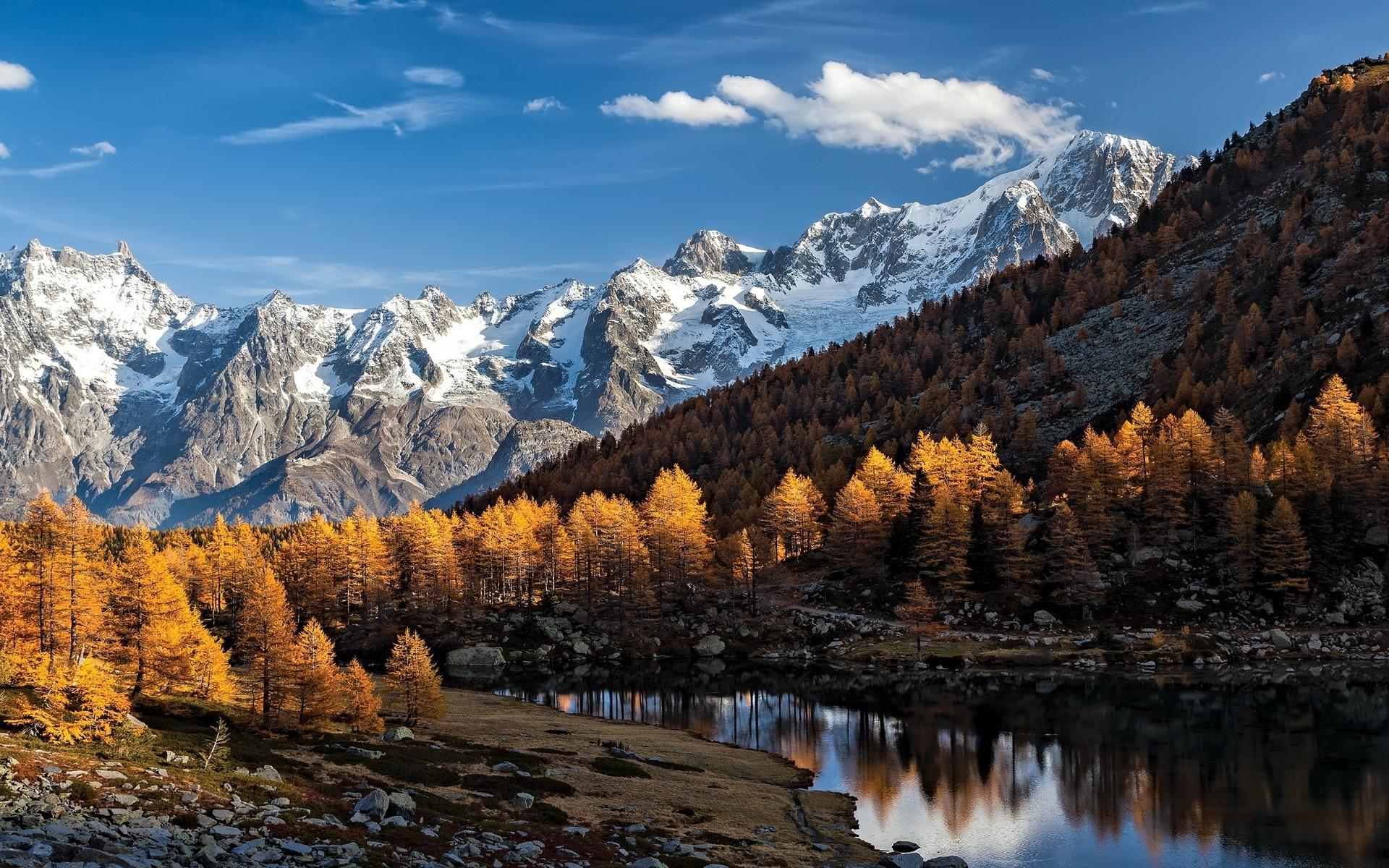 nature, Landscape, Fall, Mountain, Lake, Forest, Alps, Italy, Snowy