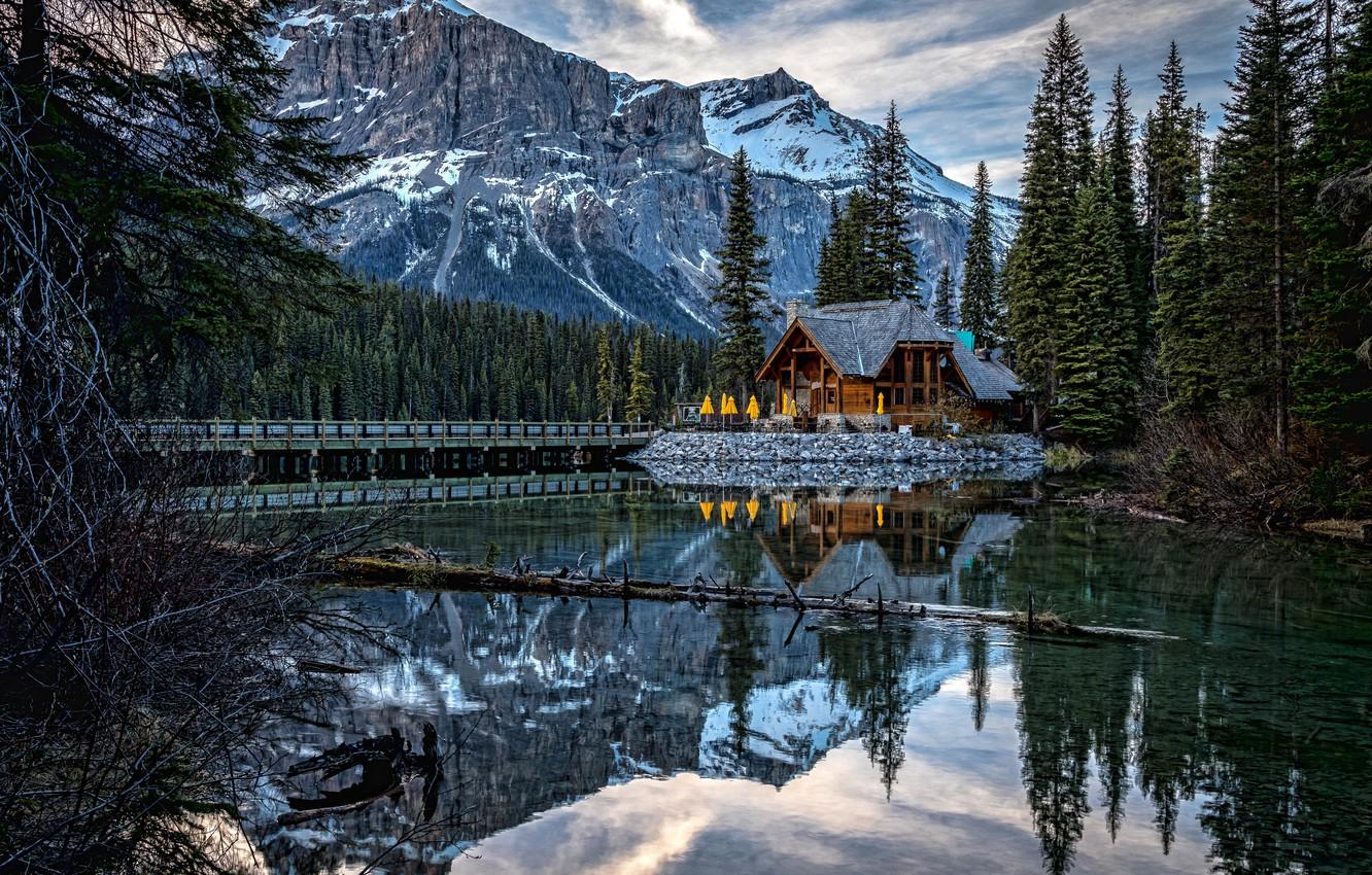 Wallpaper forest, mountains, lake, reflection, Canada, house