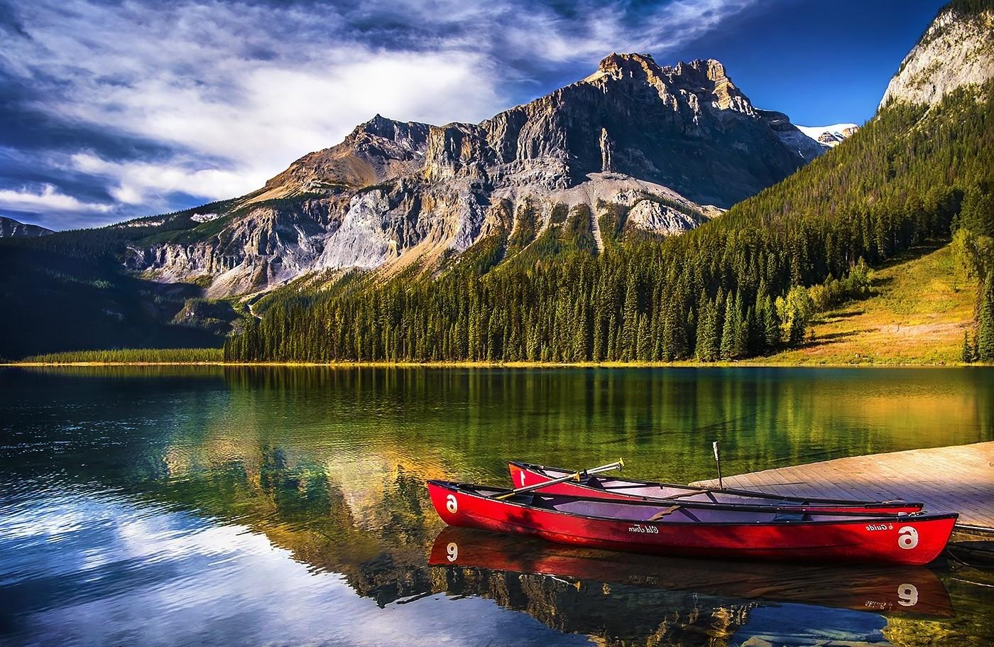 landscape nature lake mountain forest canoes water