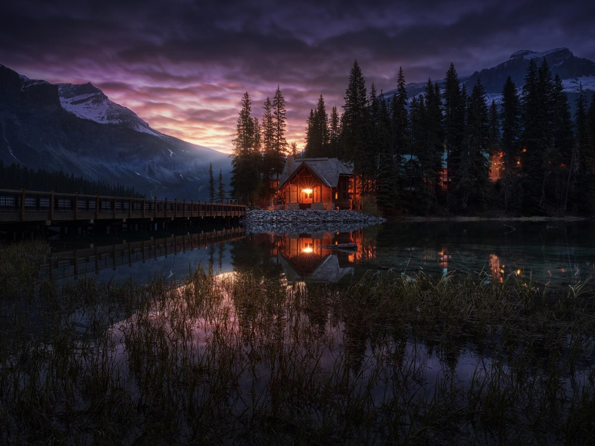 Wallpaper Yoho National Park, Canada, Emerald Lake, trees, house