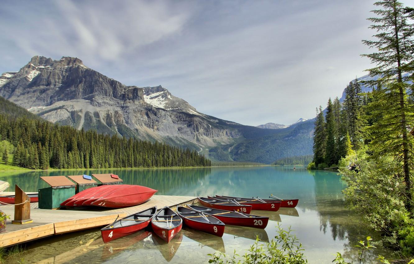 Wallpaper forest, mountains, lake, Marina, boats, Yoho National Park