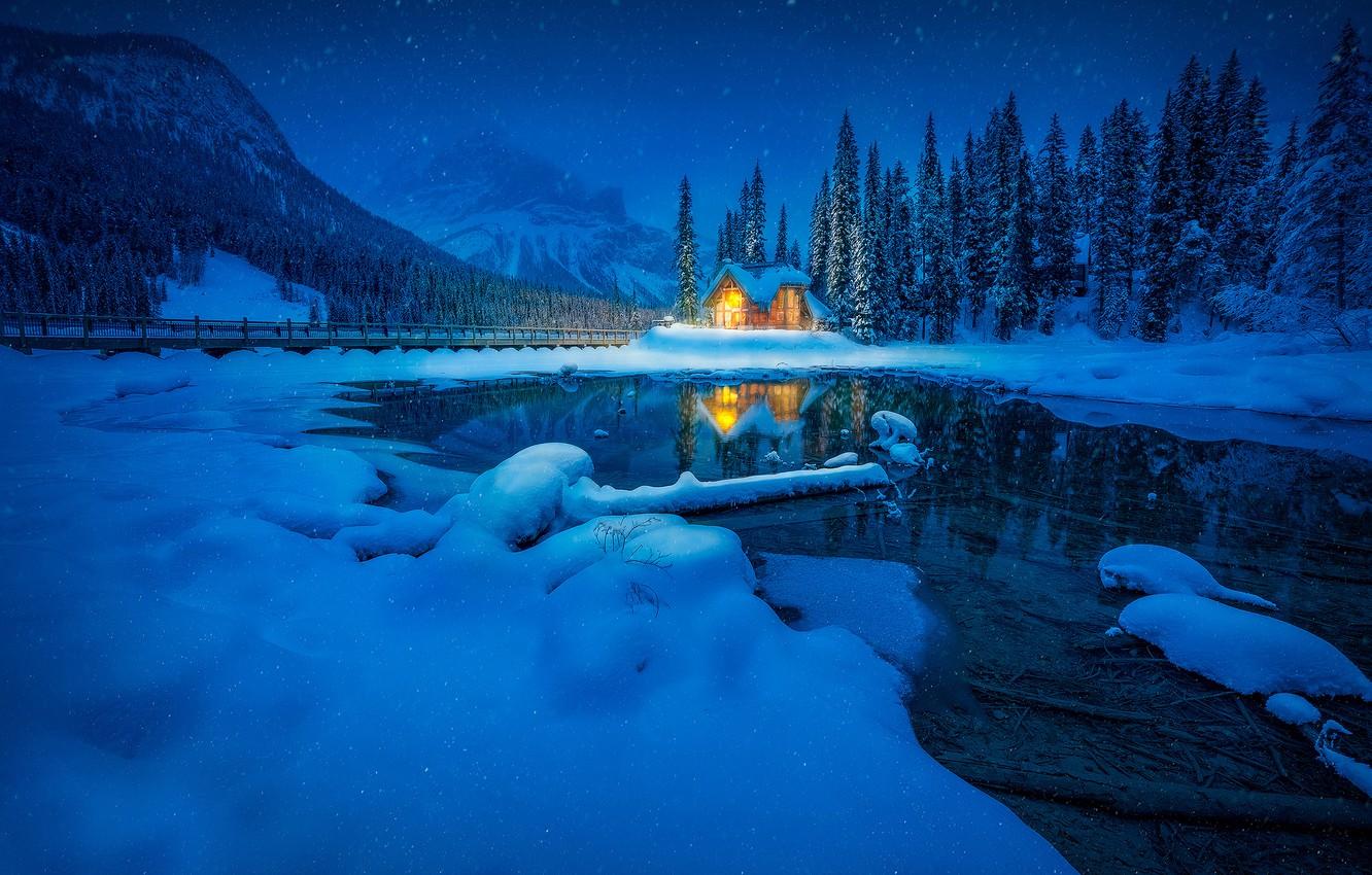 Wallpaper winter, forest, snow, mountains, lake, reflection, Canada