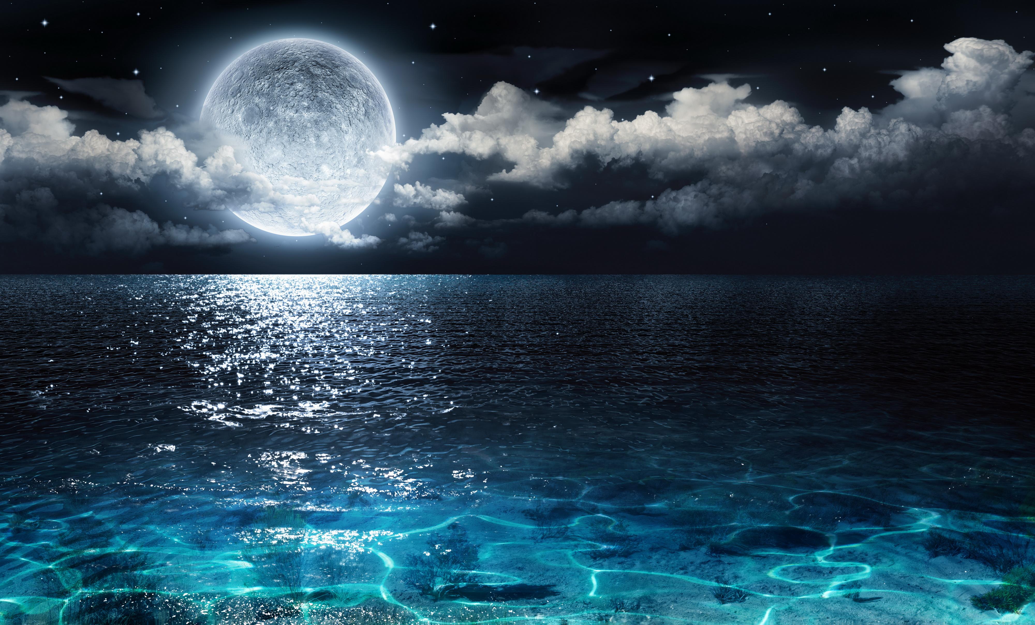 Download Wallpaper sea ocean moon water clouds night sky, 4000x2414