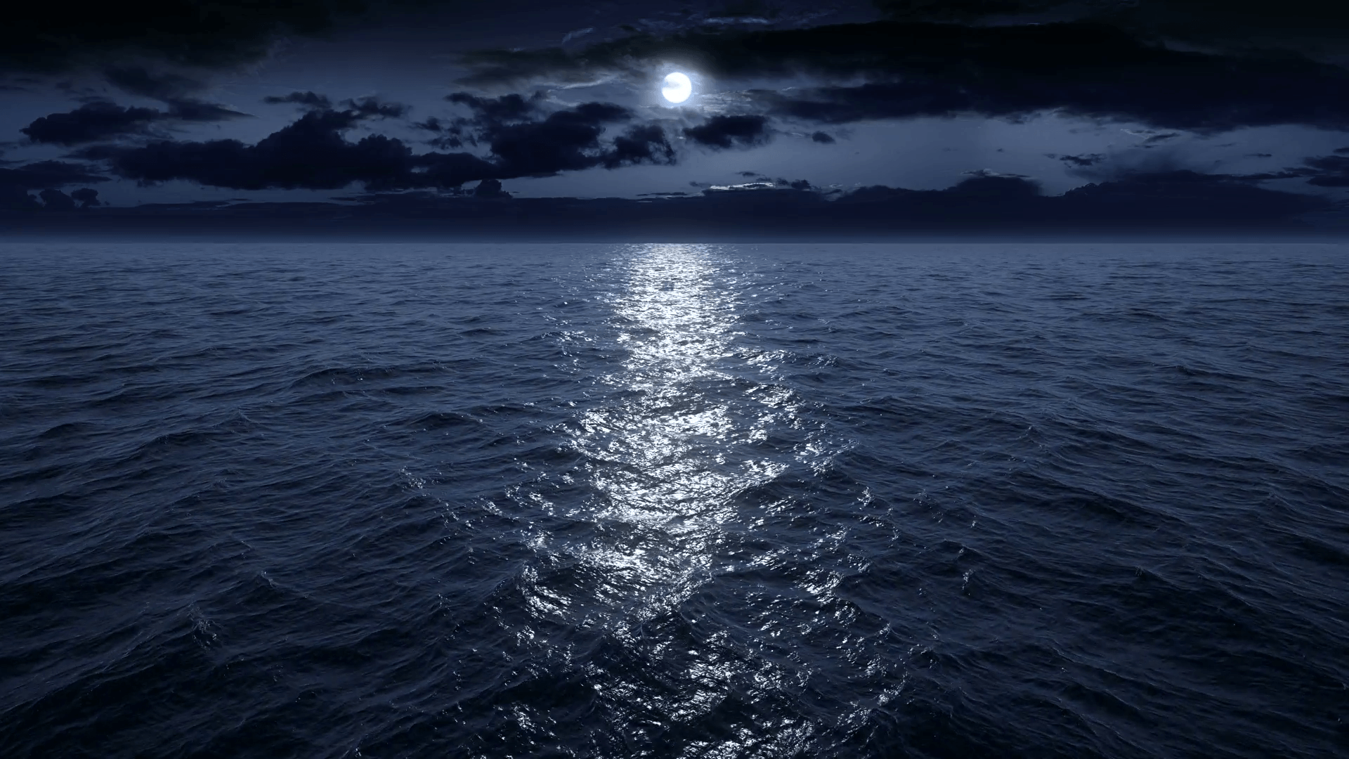 Flying over the ocean at night. Facing the moon. Full HD Motion Background
