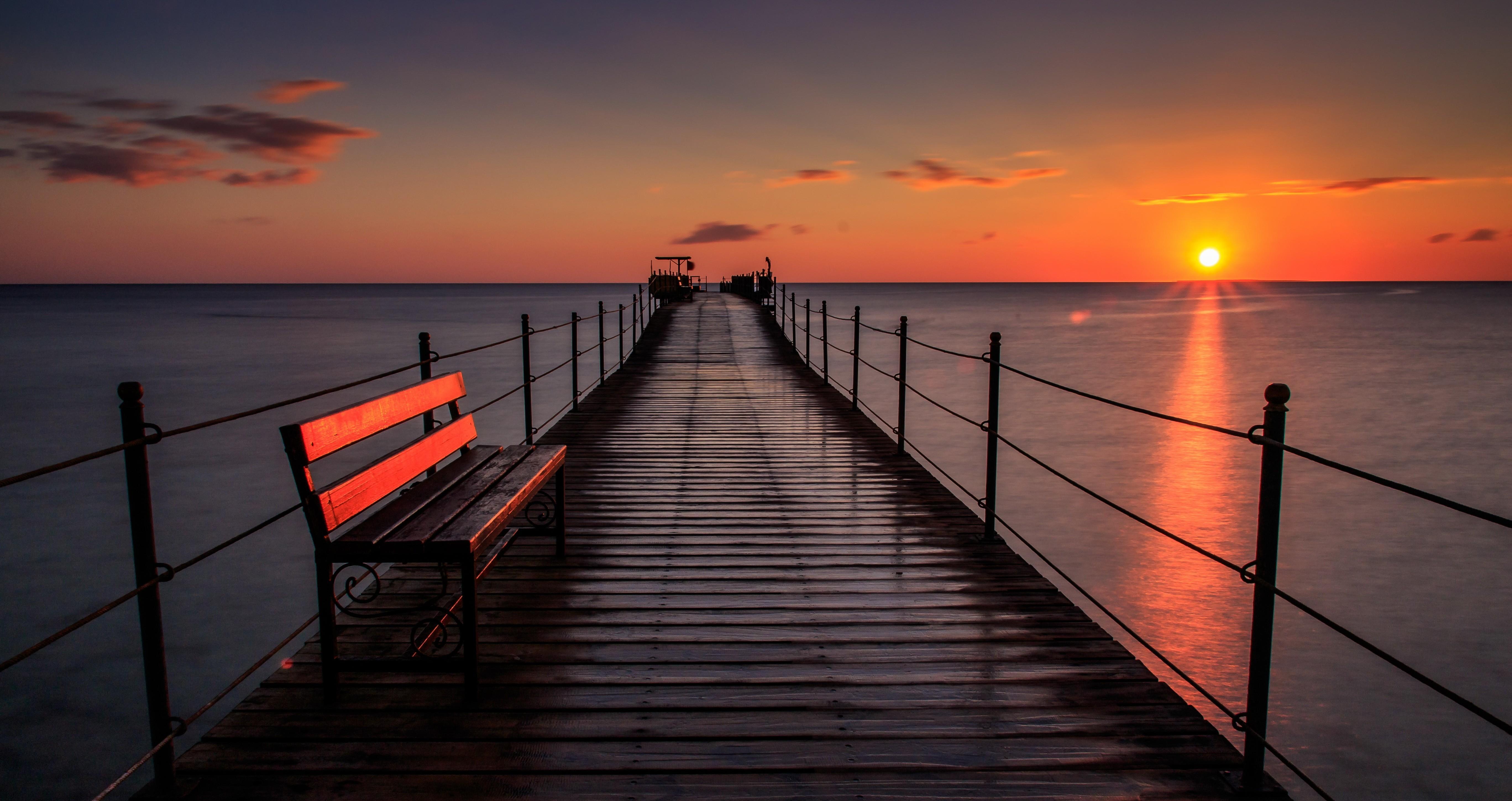 Pier Bench Sunset 5k, HD Nature, 4k Wallpaper, Image, Background