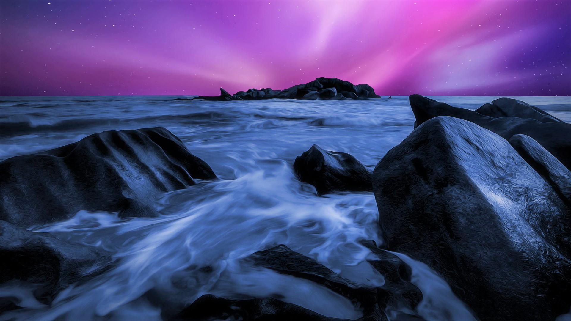 Pink and Starry Night Sky over Ocean HD Wallpaper. Background Image