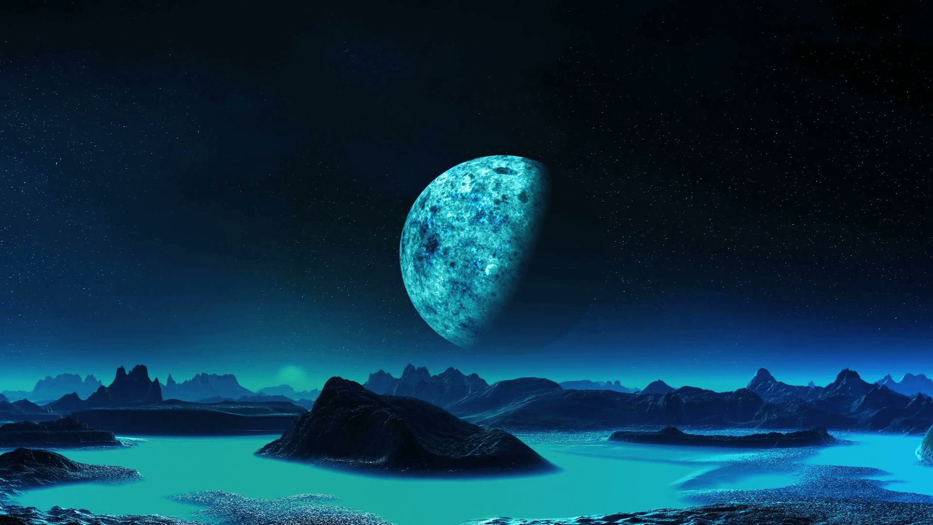 Blue Moon Rise On An Alien Planet. Mountain and the hills are among the glowing blue mist. Due to the horizon rises a bright blue moon. In the dark
