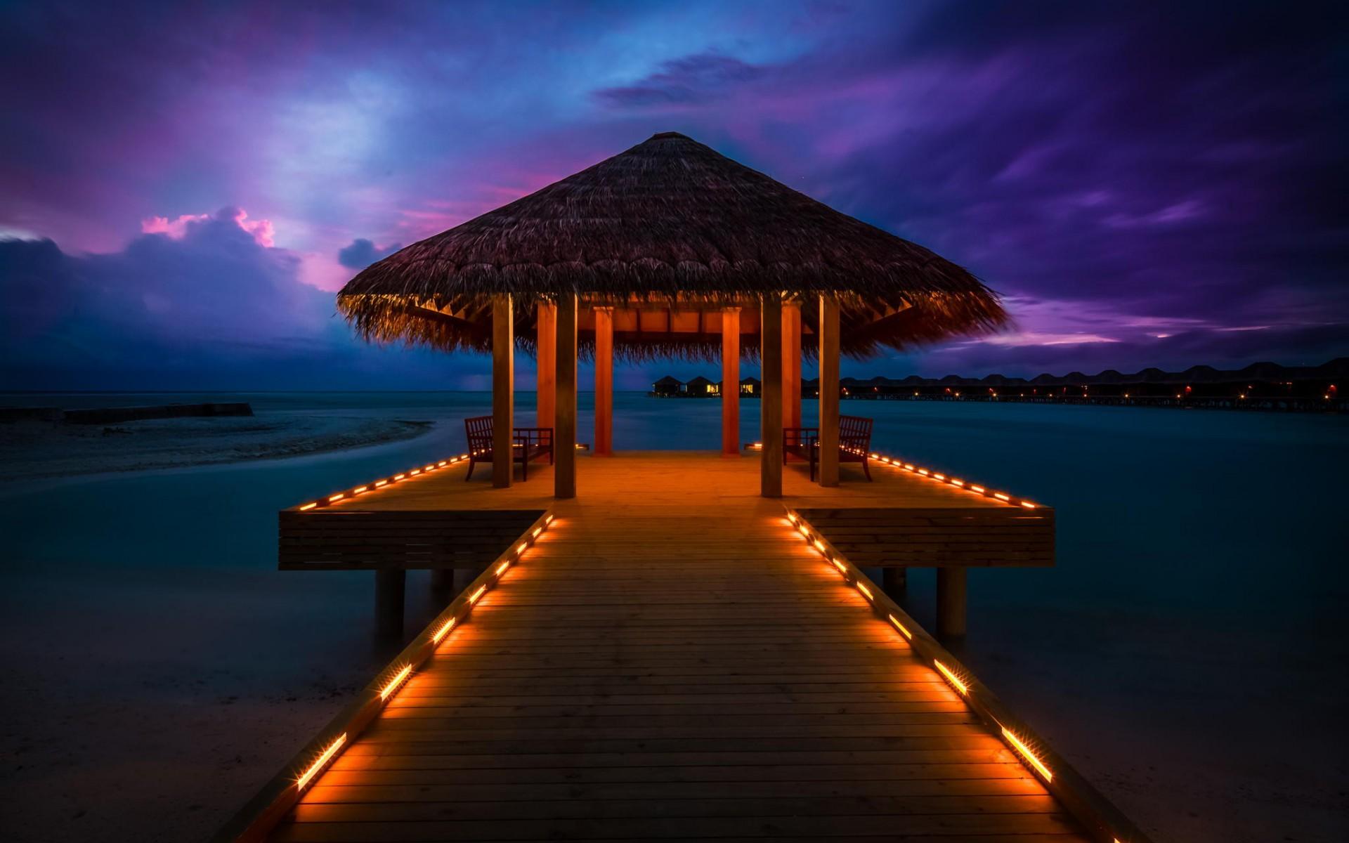 Lighted Pier in the Maldives HD Wallpaper. Background Image