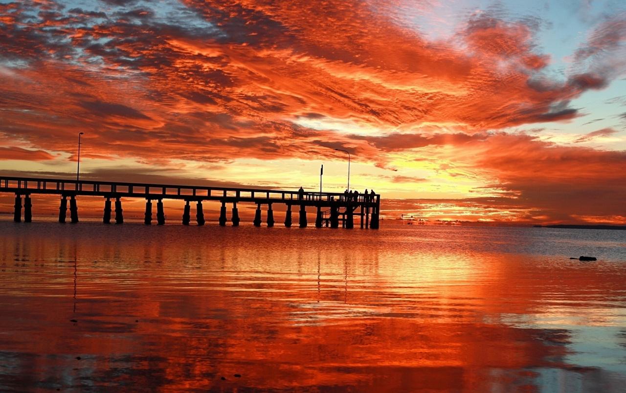 Fire Red Sunset Ocean Pier wallpaper. Fire Red Sunset Ocean Pier