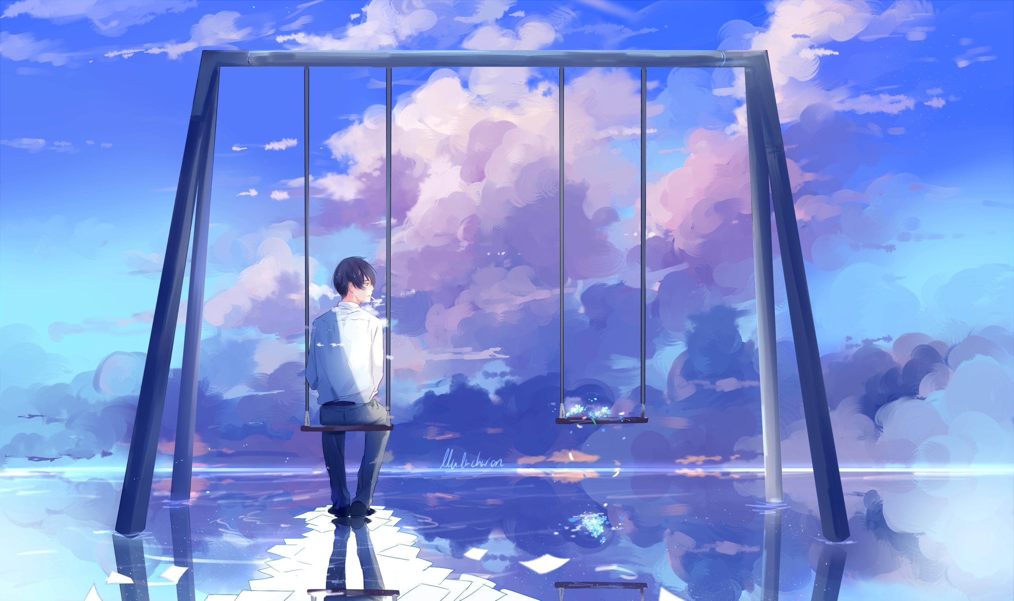 Download 3507x2080 Anime Boy, Scenic, Swing, Clouds, Back View