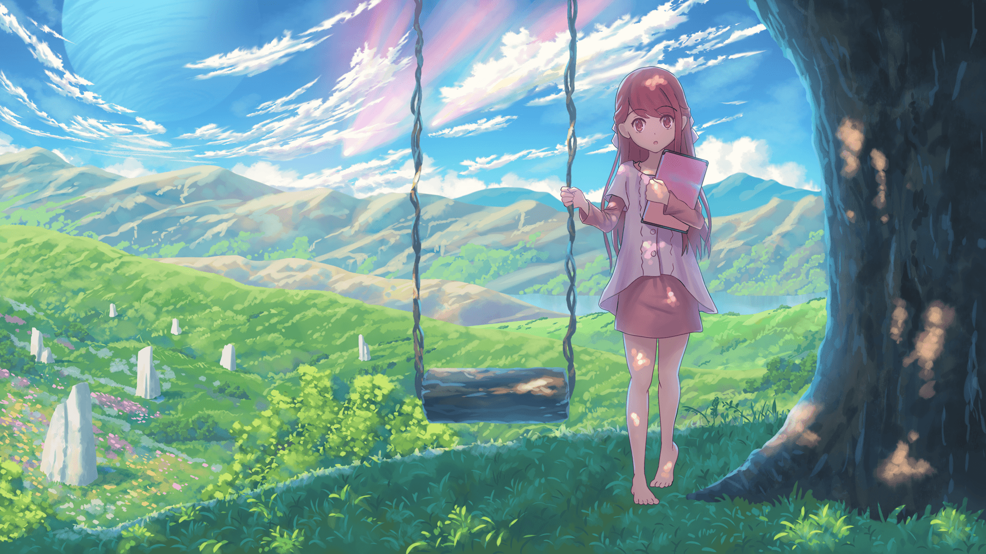 Shelter Rin Swing Landscape Grass Tree Scenic Sky Clouds