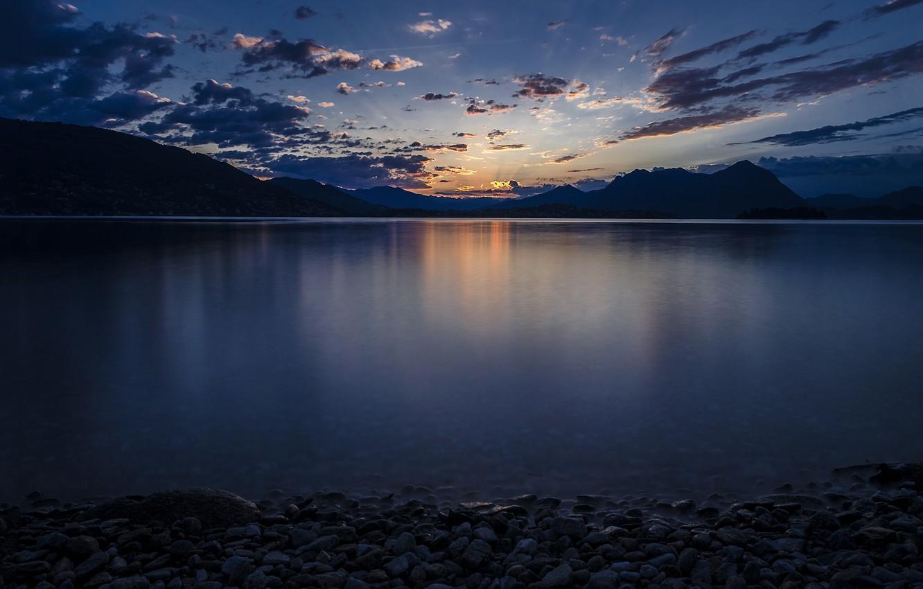 Wallpaper the sky, water, clouds, sunset, surface, shore