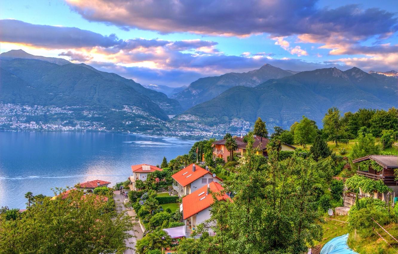Wallpaper mountains, lake, home, Switzerland, Alps, panorama, town