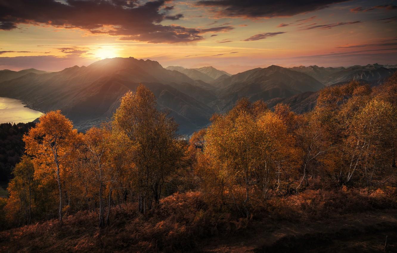 Wallpaper autumn, trees, sunset, mountains, lake, Switzerland, Alps