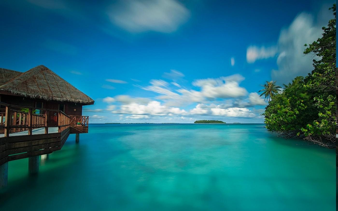 nature, Landscape, Bungalow, Sea, Clouds, Walkway, Beach, Maldives