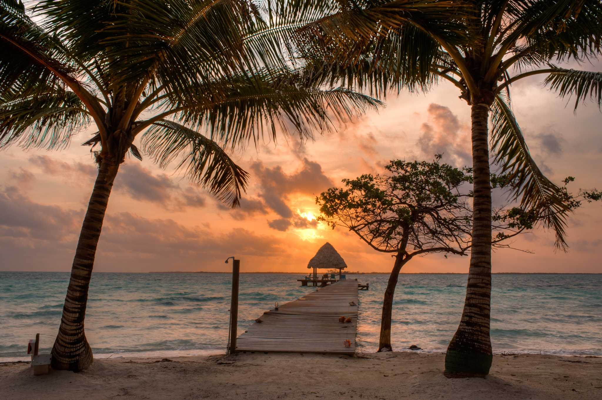 sunrise, Belize, wooden walkway, palm trees, islands, tropical