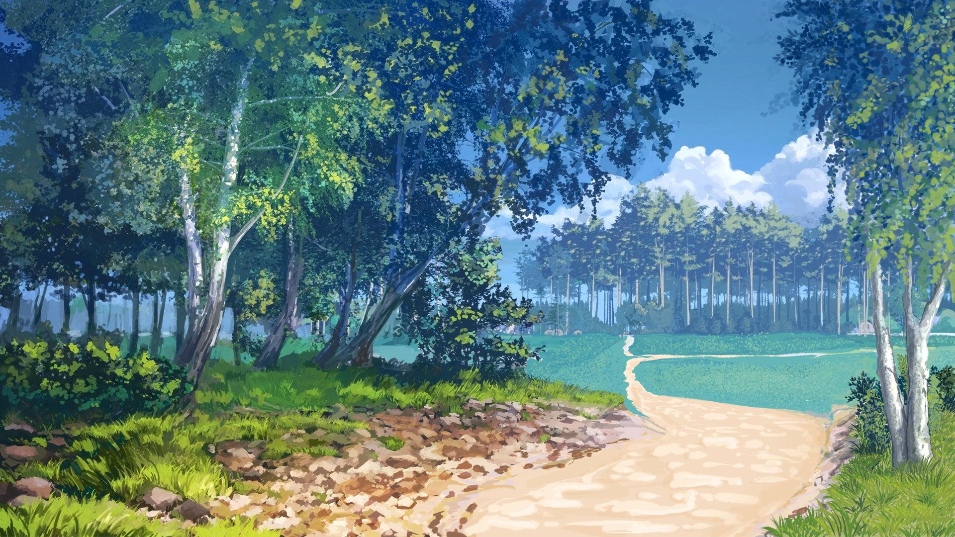 Pathway between tall green tree painting, digital art, trees, summer