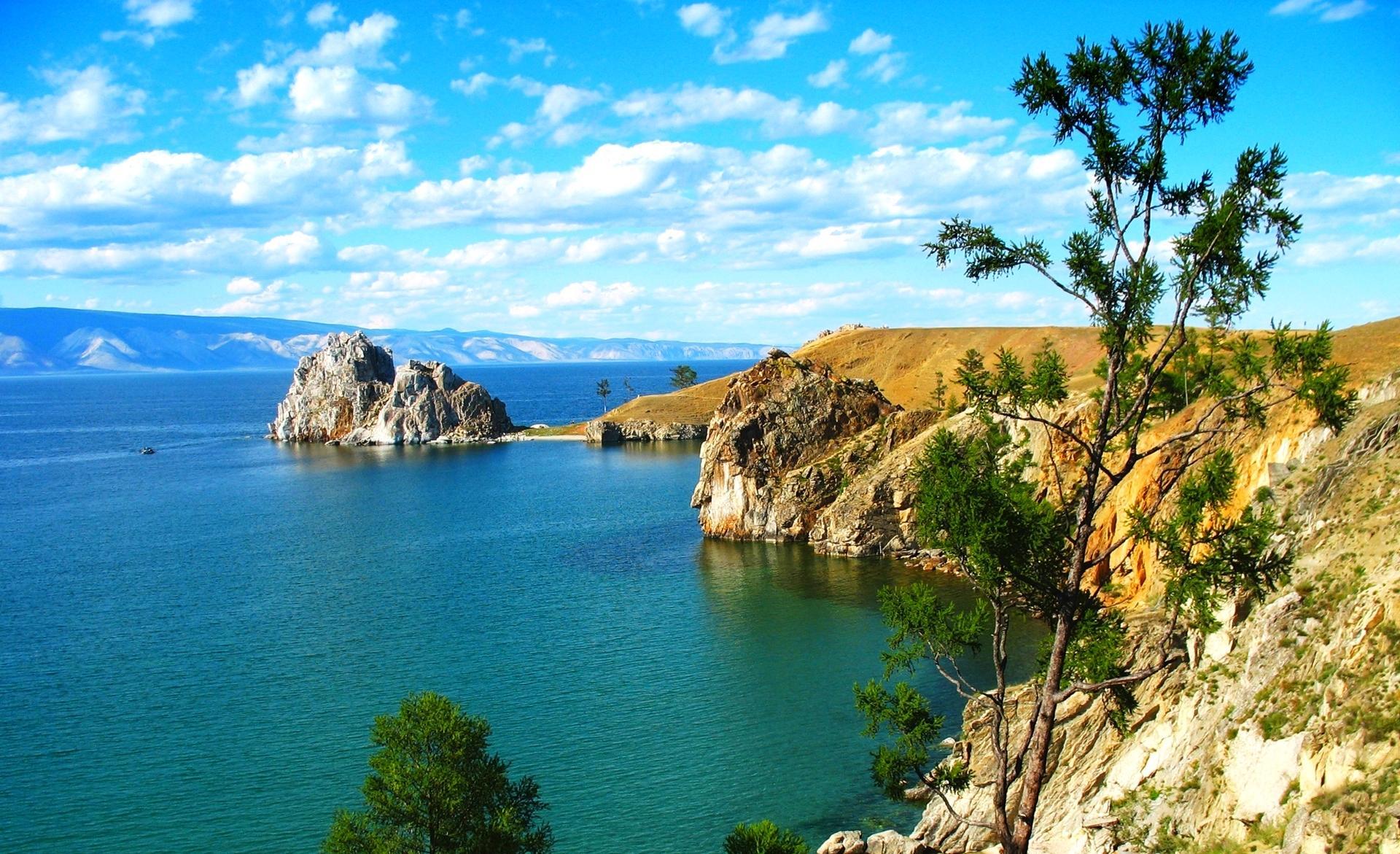 calm waters, trees, cliffs, Russia, beautiful, summer, lake