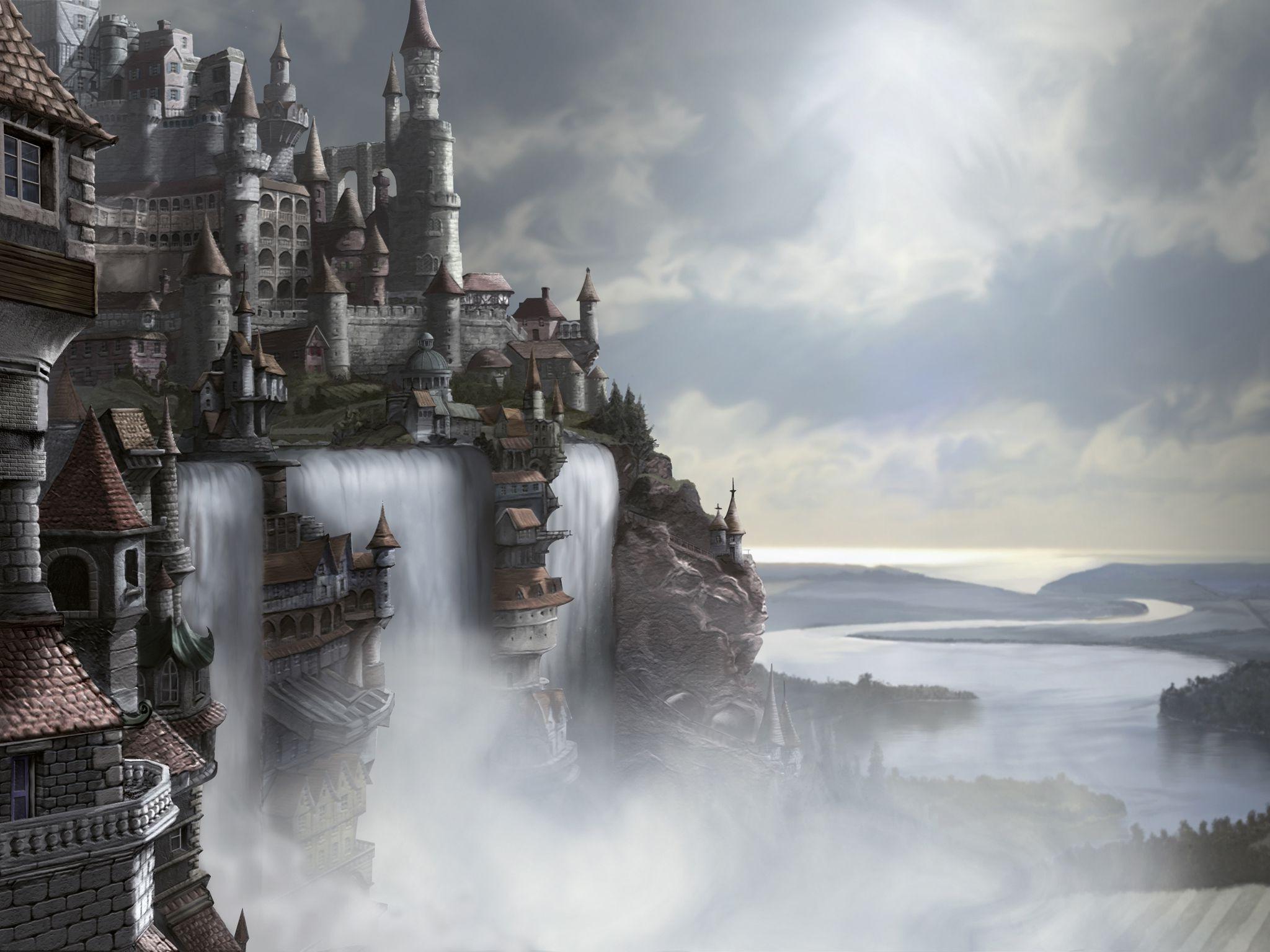 fantasy art kingdom waterfall wallpaper and background