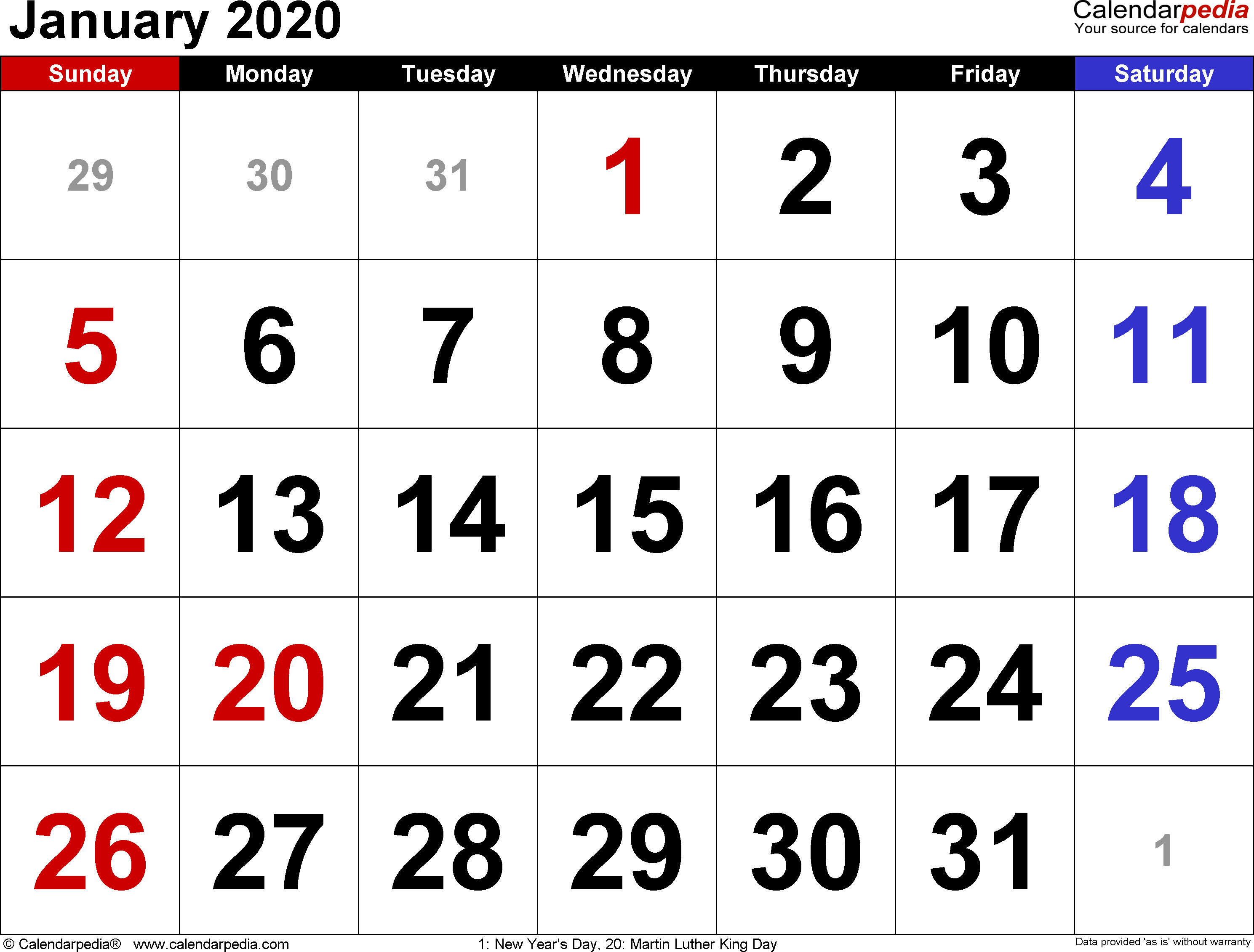 January 2020 Calendars for Word, Excel & PDF