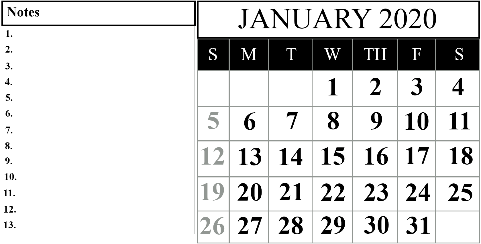 Free January 2020 Printable Calendar In PDF, Excel & Word
